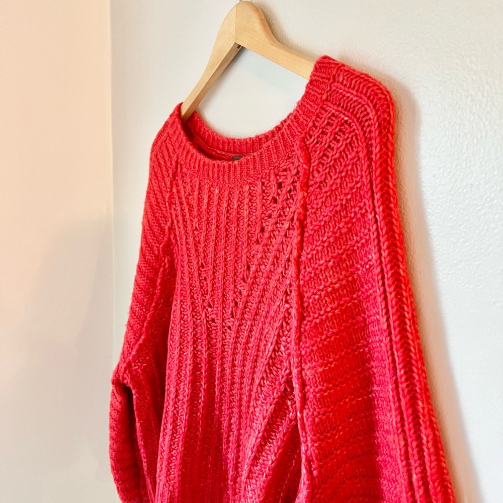 Free People Carter Knit Pullover Chunky Red Crew Neck Oversized Sweater Top S/M - Picture 4 of 9
